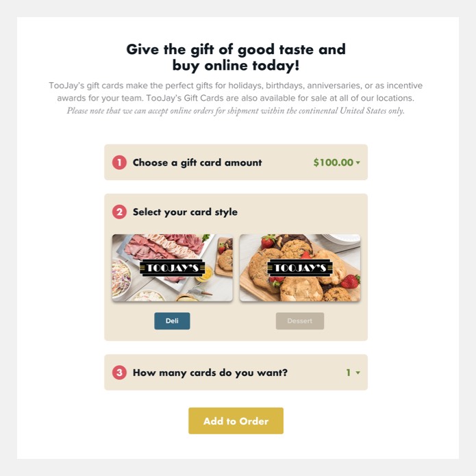 TooJay's - Gift Cards App